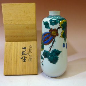九谷　三代　三ツ井為吉　色絵　瓜図　一輪挿　花器　