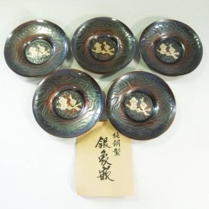 皆川堂　純銅製　茶托　銀象嵌　梅紋　茶道具　