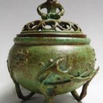 高岡銅器 須賀月芳　香炉　唐子蓋　梅文　香炉　蝋型　青銅