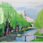 ames Sikes ジェイムズ サイクス 「白川の柳」 アクリル絵画 額装 油彩 （約） H75×W64cm 奥行6cm