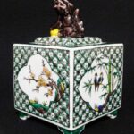 九谷焼九谷の里色絵花鳥図獅子蓋四方四角香炉茶道具