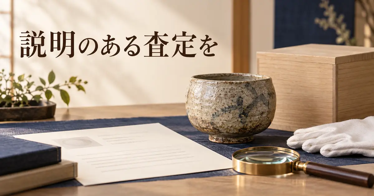 品物の評価理由を説明する骨董品査定のイメージ