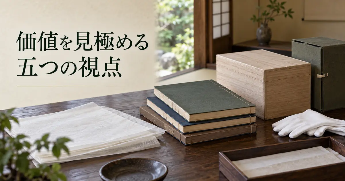 古書や古文書の価値を五つの視点で確認するイメージ