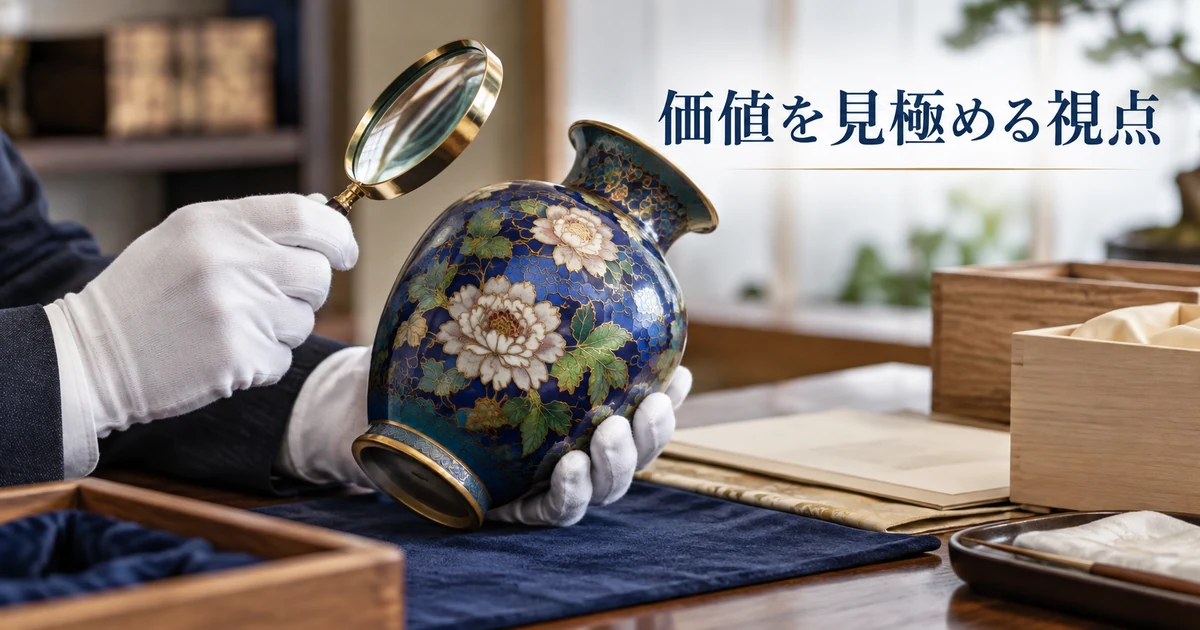 白手袋とルーペで七宝焼の花瓶を確認する査定イメージ