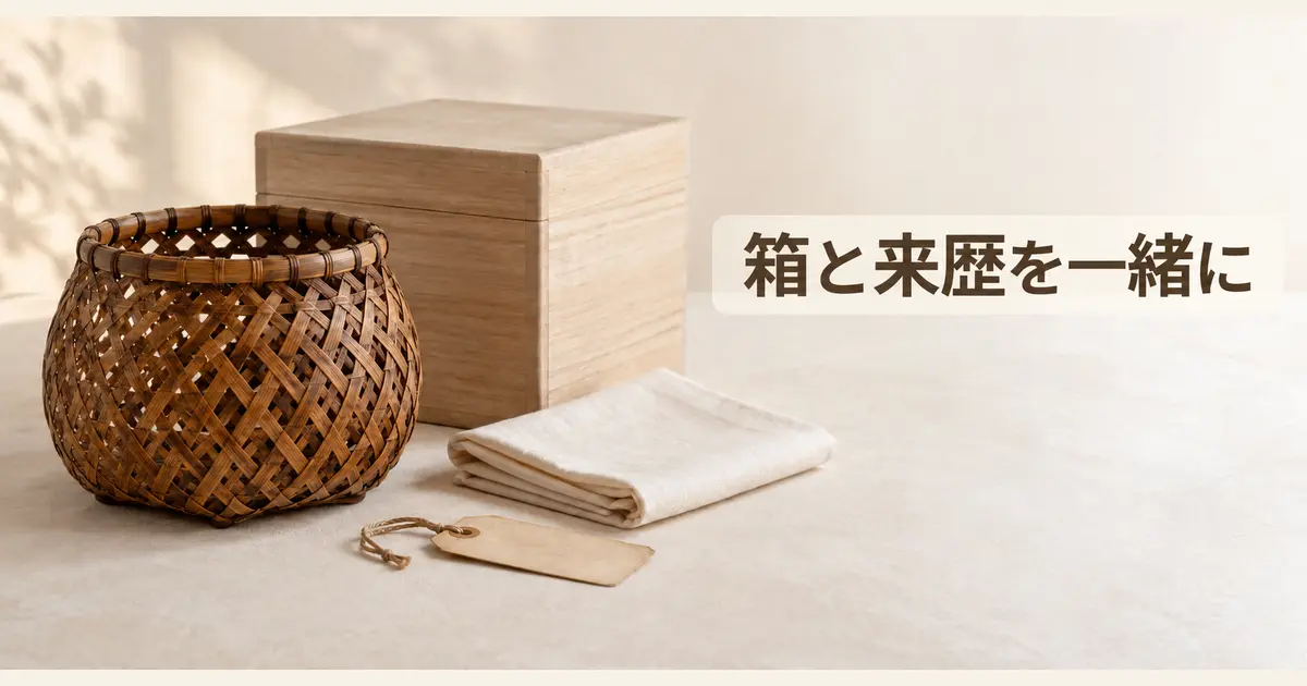 竹工芸品と桐箱・包み・古い札を一緒に保管するイメージ