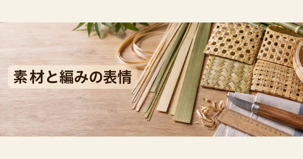 竹ひごと複数の編み目を示す竹工芸の素材・技法イメージ
