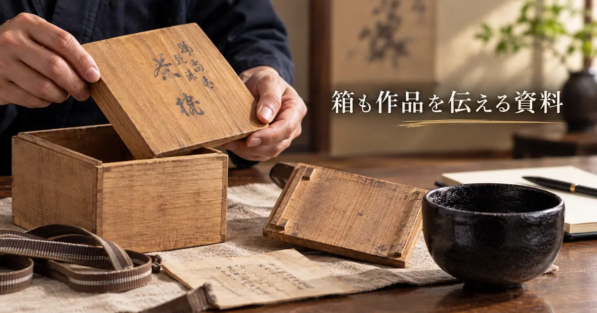 乾漆茶碗の共箱と箱書きを確認するイメージ