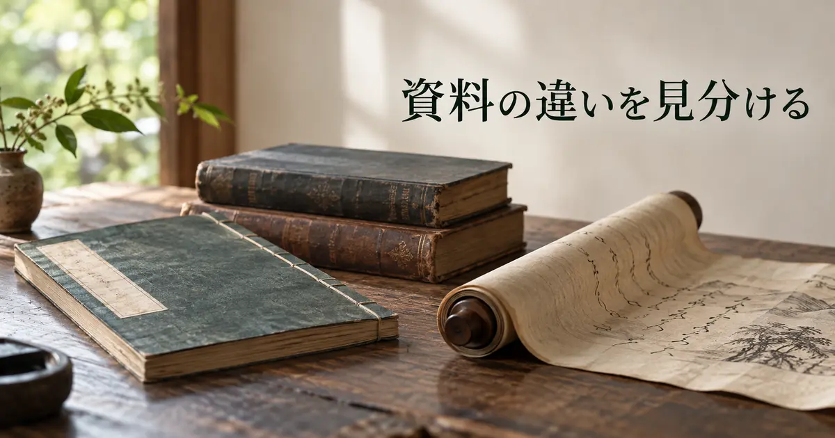 古書・和本・古文書の資料の違いを見分けるイメージ
