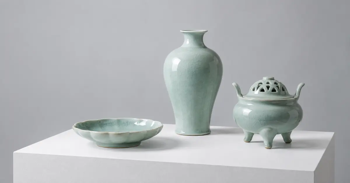 淡い青緑色の三田青磁をイメージした小皿・花瓶・香炉