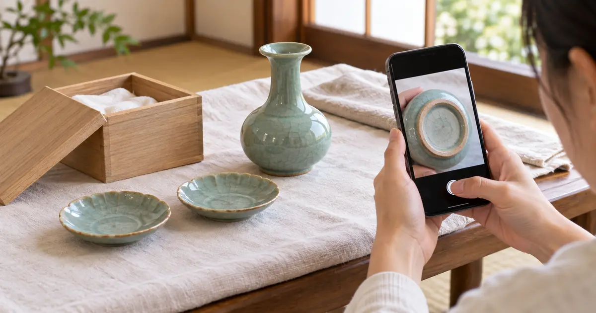 三田青磁をイメージした器をスマートフォンで安全に撮影する様子