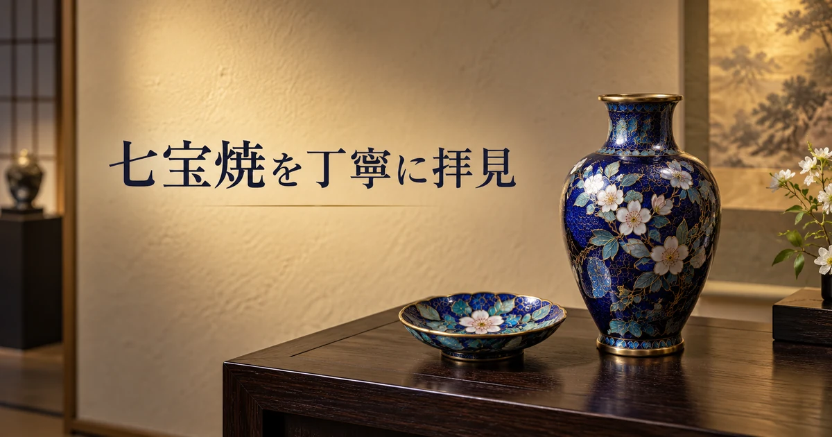 七宝焼の花瓶と皿を落ち着いた和室で紹介する千代屋の買取案内