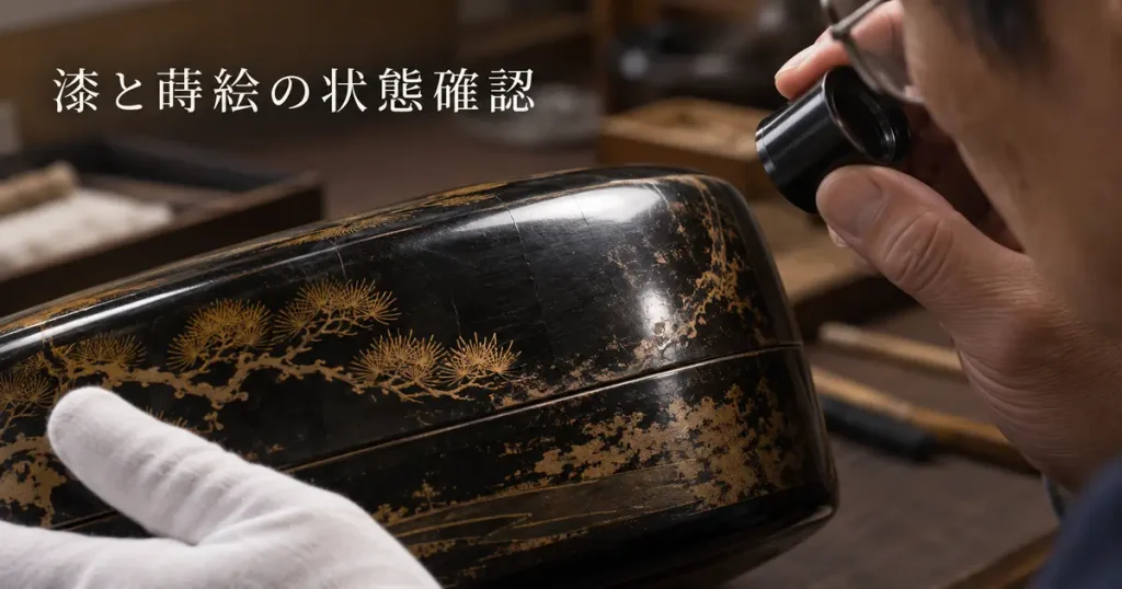 漆と蒔絵の状態確認