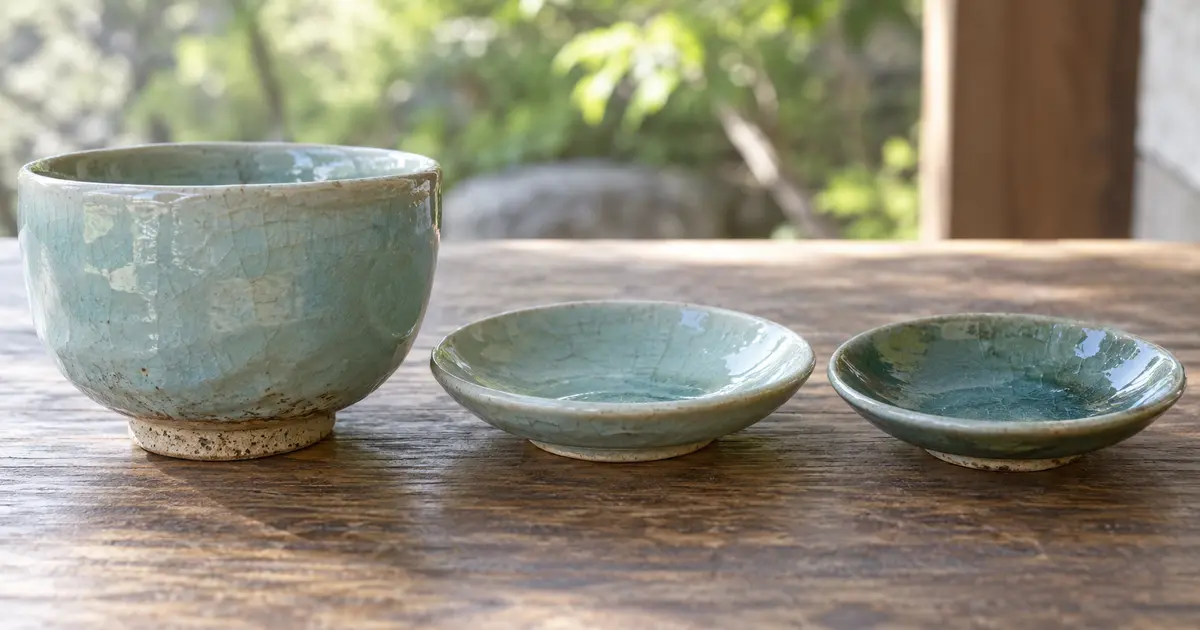 三田青磁をイメージした器の青緑色の釉調と発色の違い