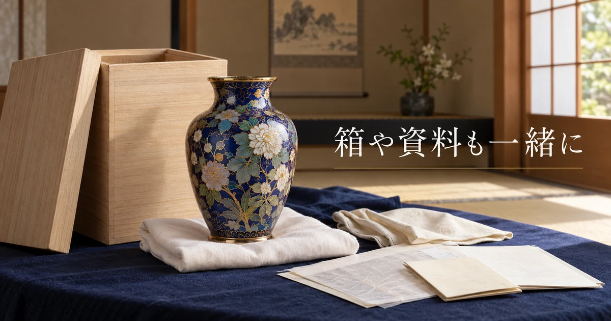 七宝焼の花瓶と共箱、資料を一緒に確認する様子