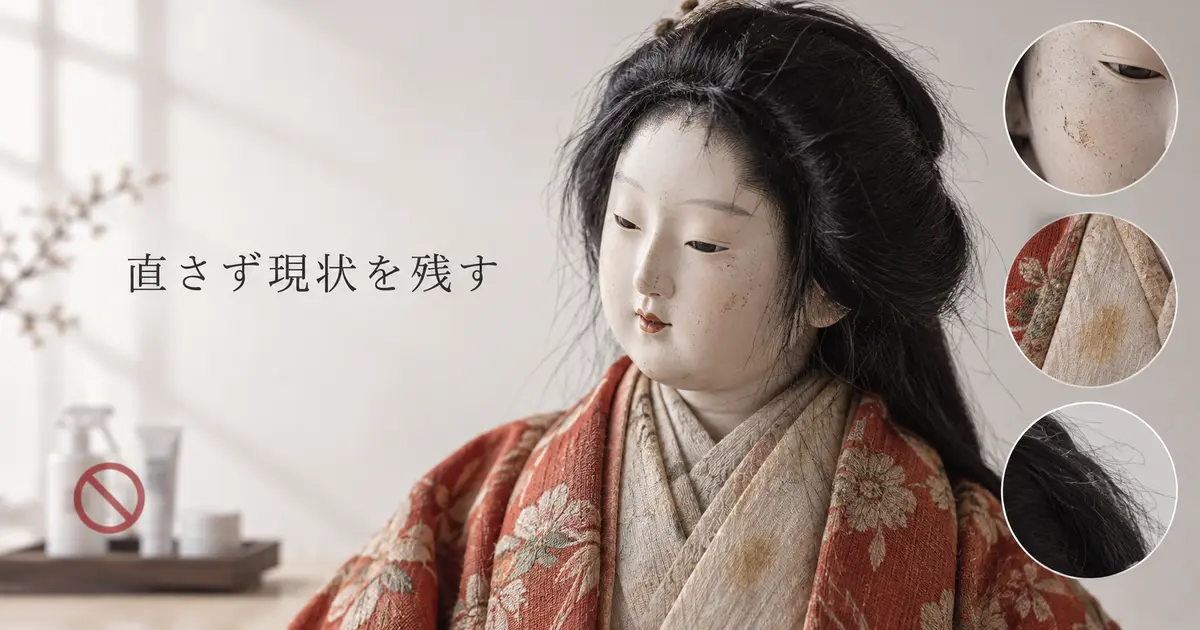 染み・ひび・髪の乱れがある日本人形を現状のまま確認するイメージ