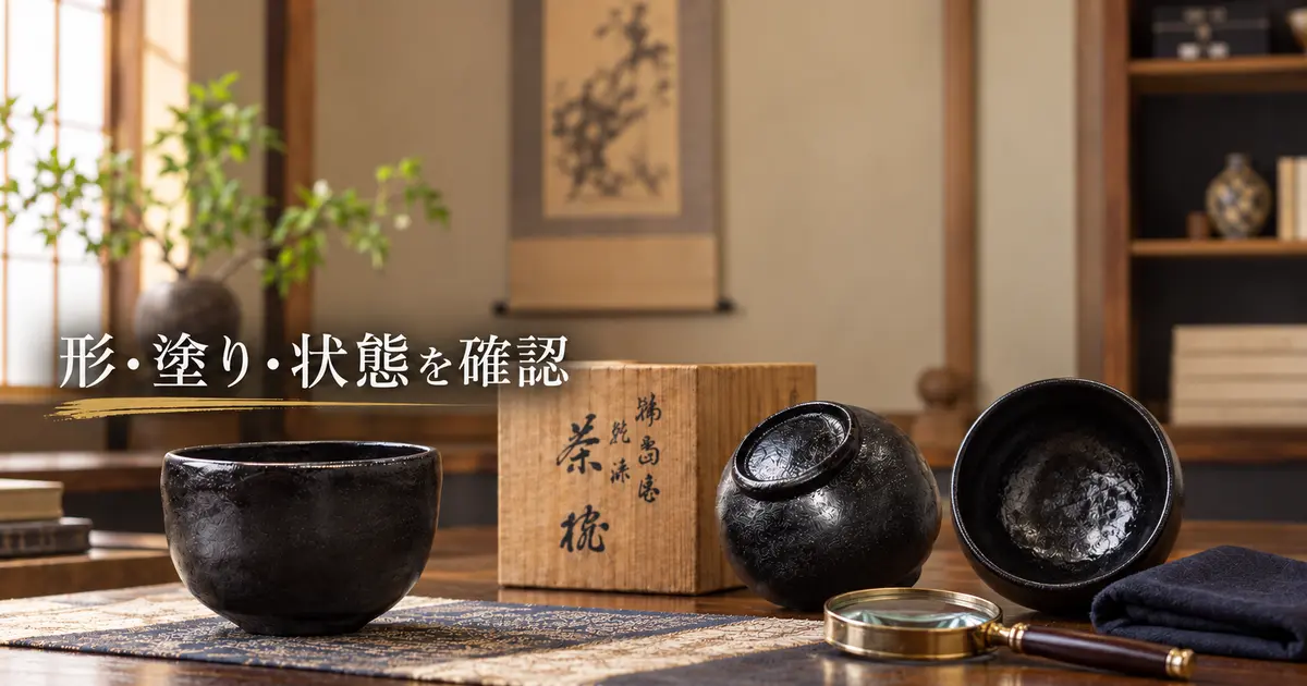 乾漆茶碗の形・塗り・状態を確認するイメージ