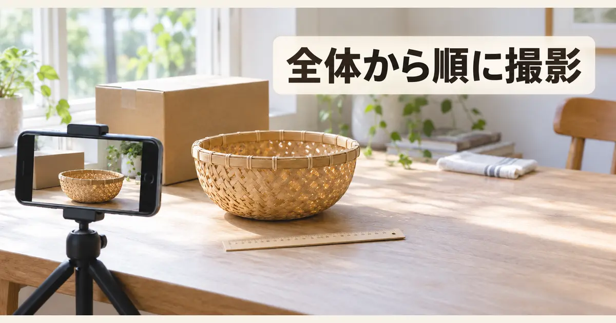 スマートフォンで竹籠の全体を撮影する写真査定イメージ