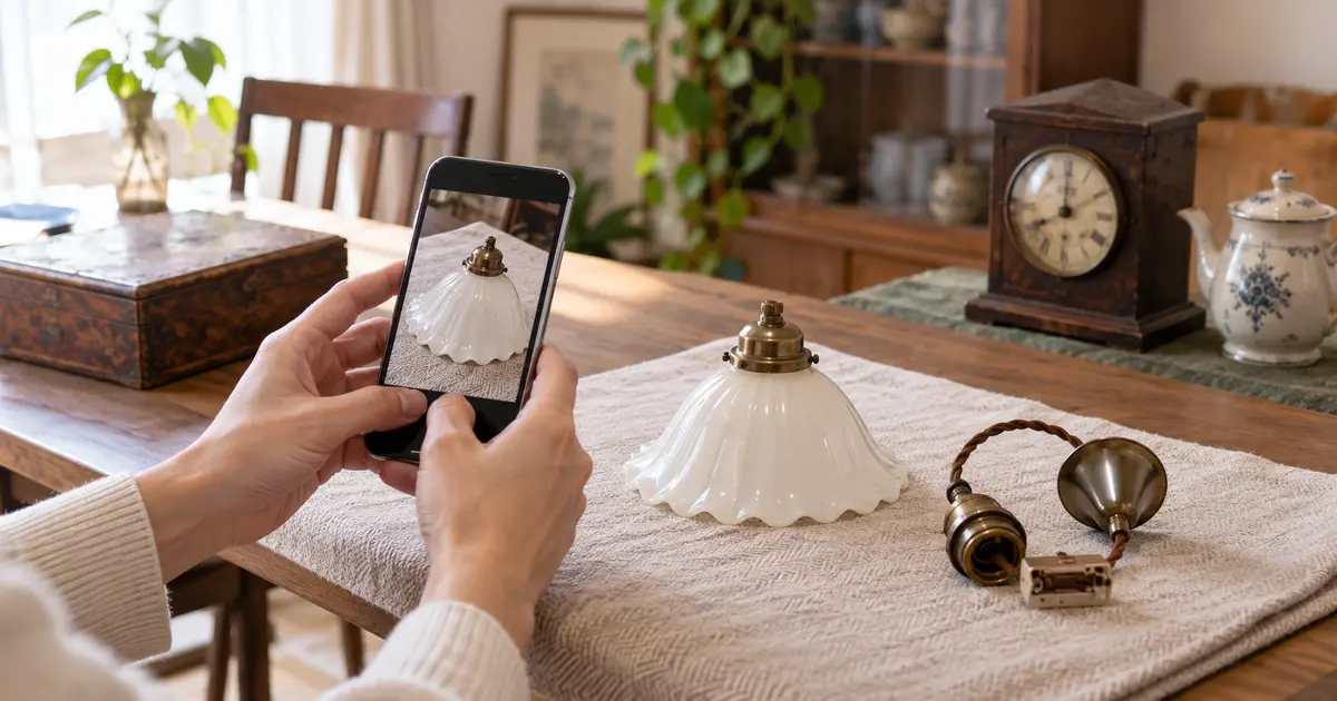 古い乳白ガラス照明をスマートフォンで撮影して査定相談する様子