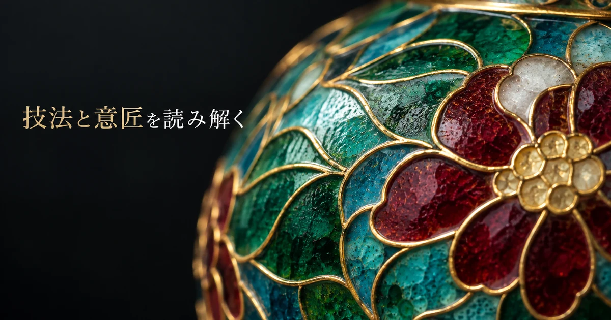 有線七宝の金属線と釉薬の細部を示す拡大イメージ