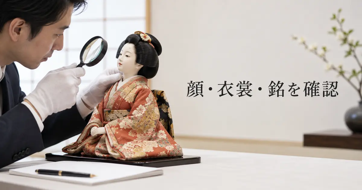 日本人形の査定で顔・衣裳・作者・保存状態を確認するイメージ