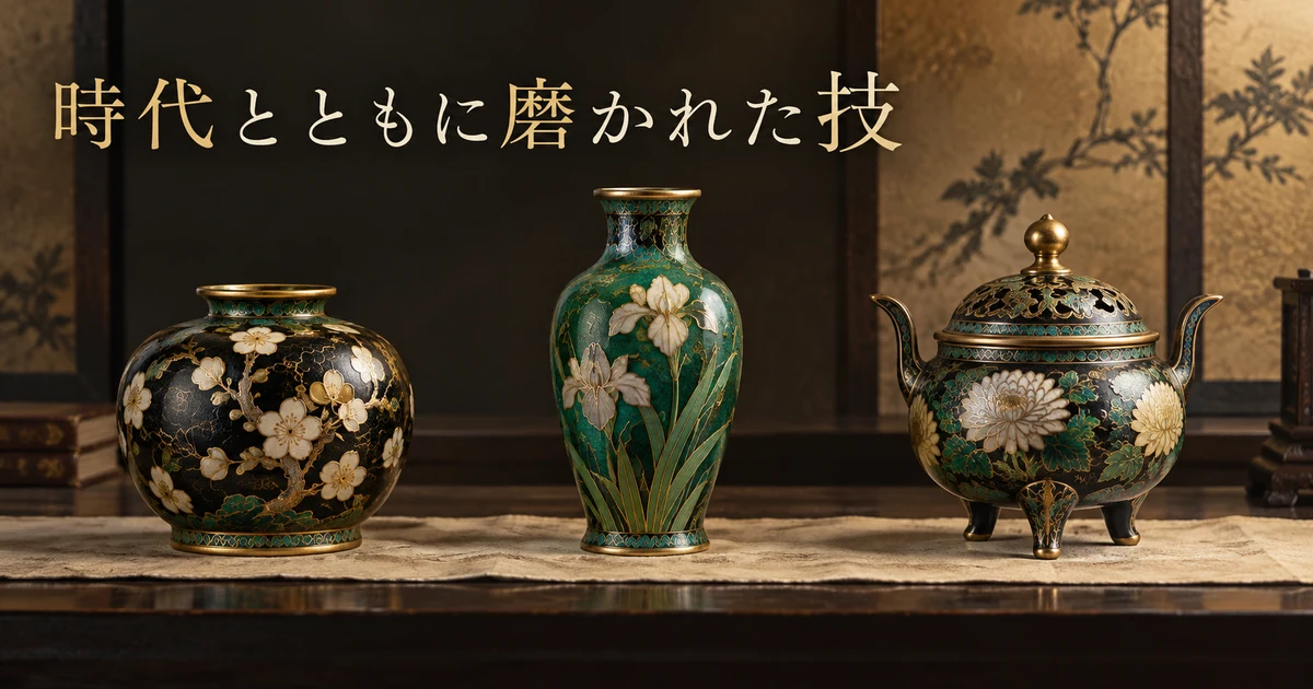 時代ごとの七宝焼の花瓶と香炉を並べたイメージ