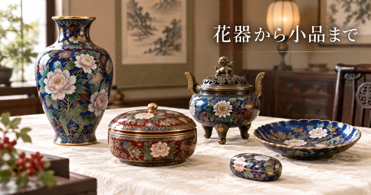 七宝焼の花瓶、香炉、飾箱、皿などの取扱品