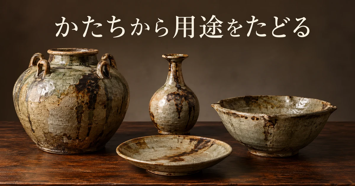 耳付きの壺、瓶、皿、片口鉢で器形の違いを示す生成イメージ