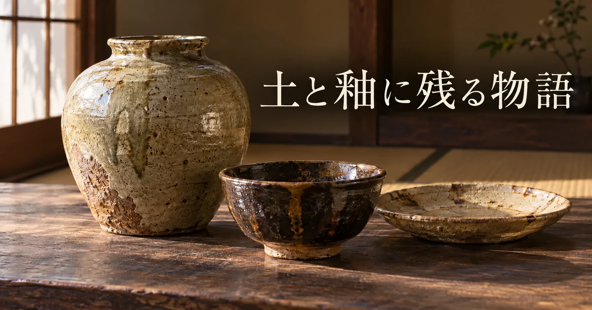 壺、碗、皿を木の卓に並べた古陶器の説明用生成イメージ