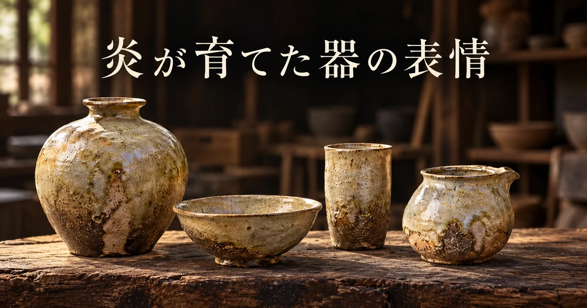 陶器と工房の背景で焼成の雰囲気を伝える生成イメージ