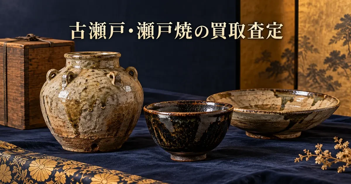 灰釉風の壺と鉄釉風の碗、皿を配した古瀬戸・瀬戸焼の買取査定の説明用生成イメージ