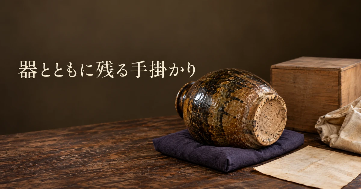 陶器の底部と木箱、包み布、紙を並べた確認用生成イメージ
