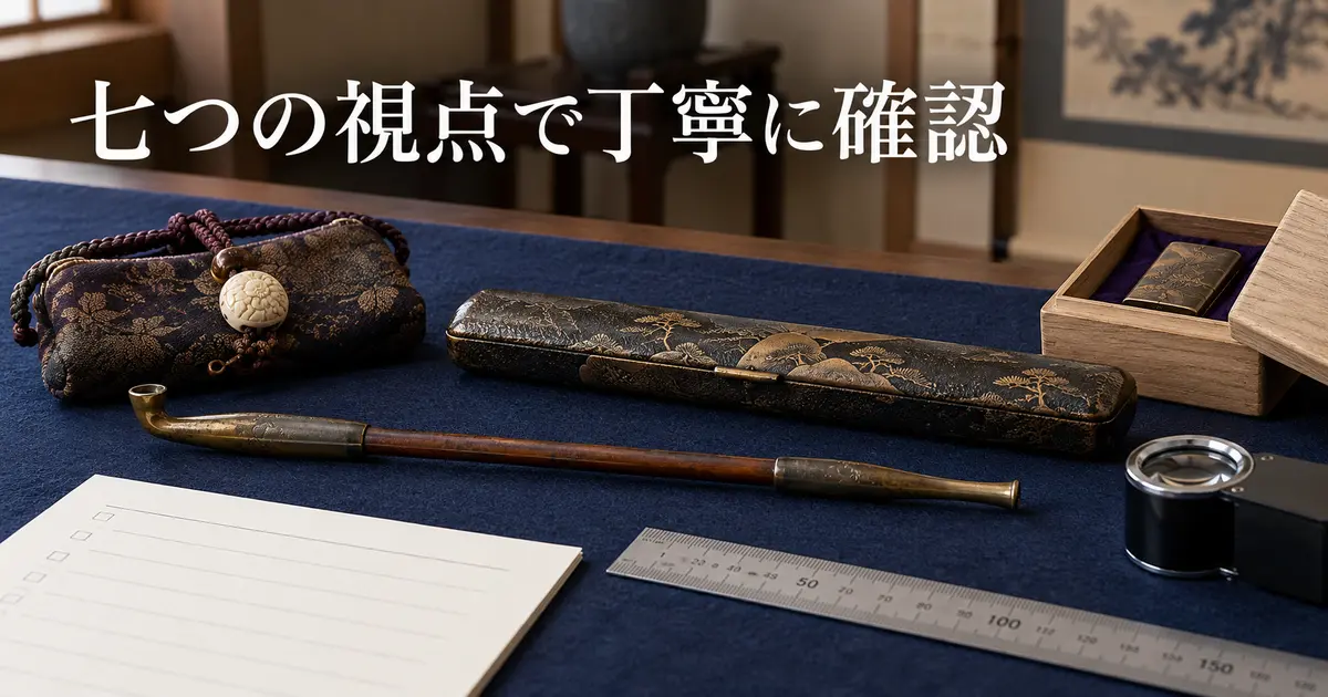 煙管と煙草入れをルーペや寸法計測とともに確認する生成イメージ