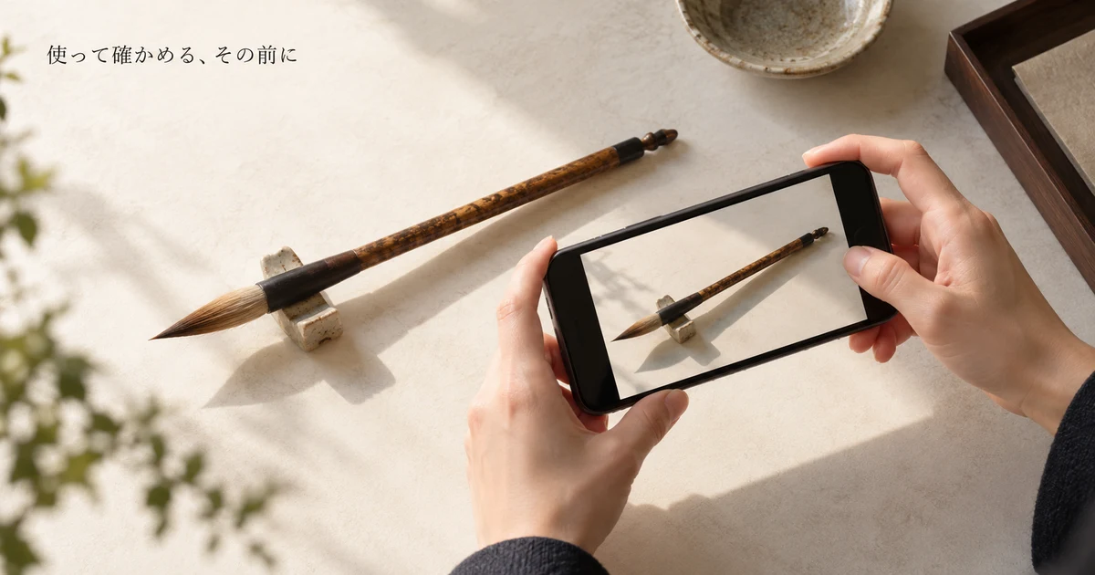 机に置いた書道筆をスマートフォンで撮影する手元の説明用生成イメージ